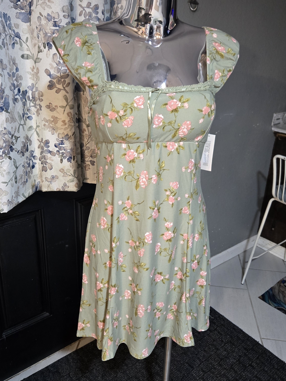 Derek Heart Sage Green Floral Mini Dress with Pink Roses
